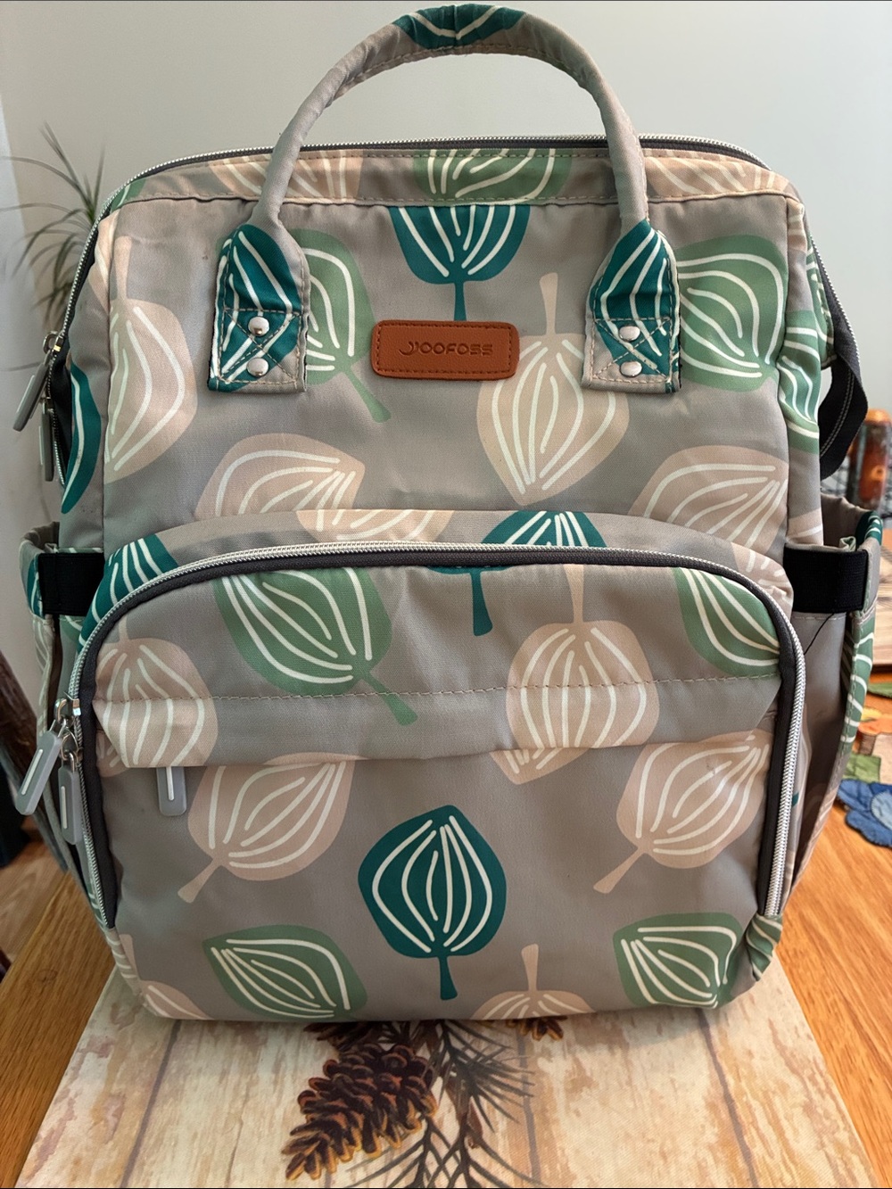 Joofoss Leaf Pattern Backpack in Teal, Sage & Beige